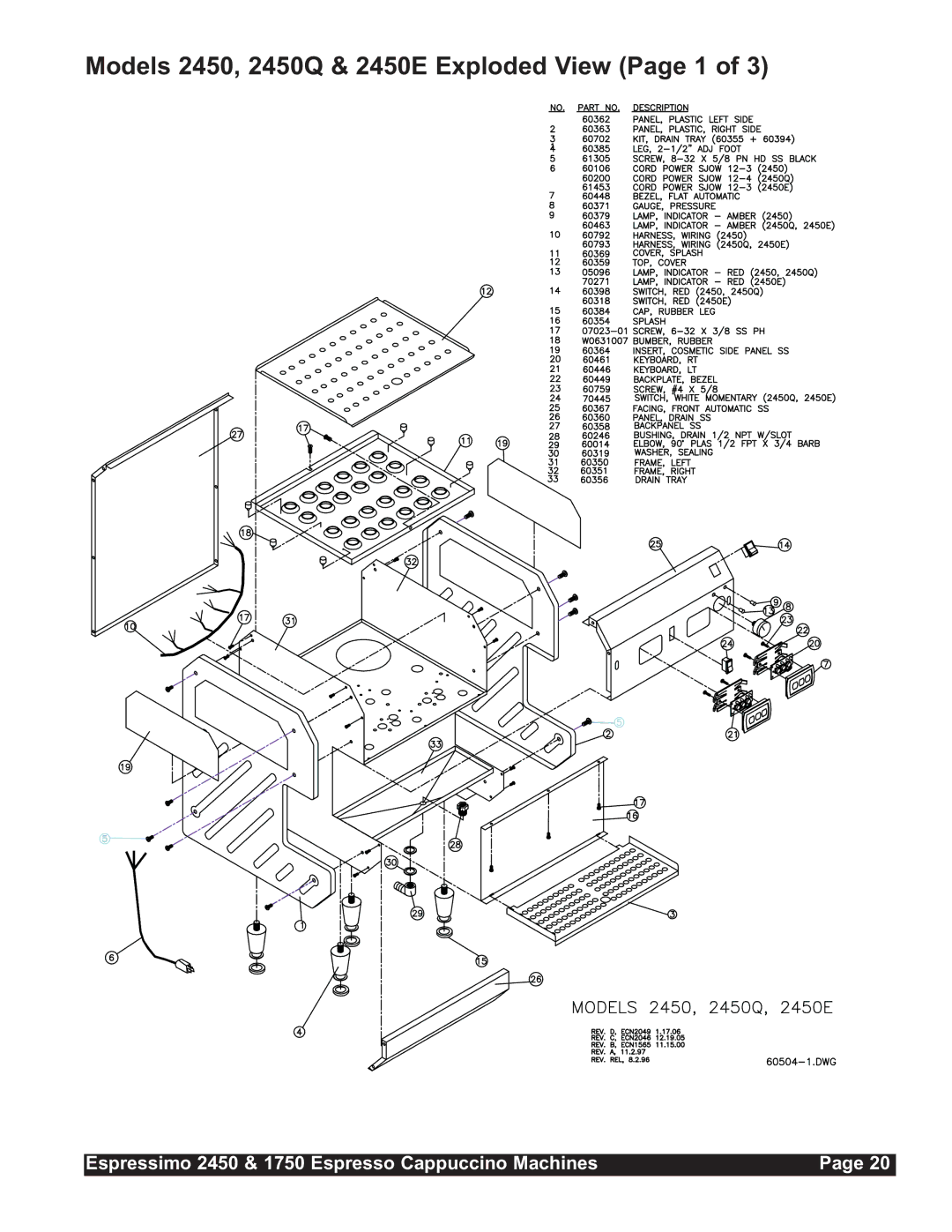 Grindmaster 1750 installation manual Models 2450, 2450Q & 2450E Exploded View Page 1 