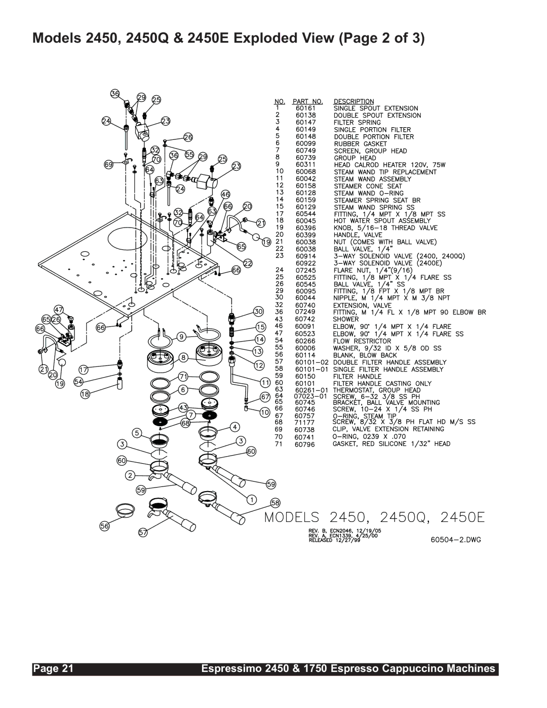 Grindmaster 1750 installation manual Models 2450, 2450Q & 2450E Exploded View Page 2 