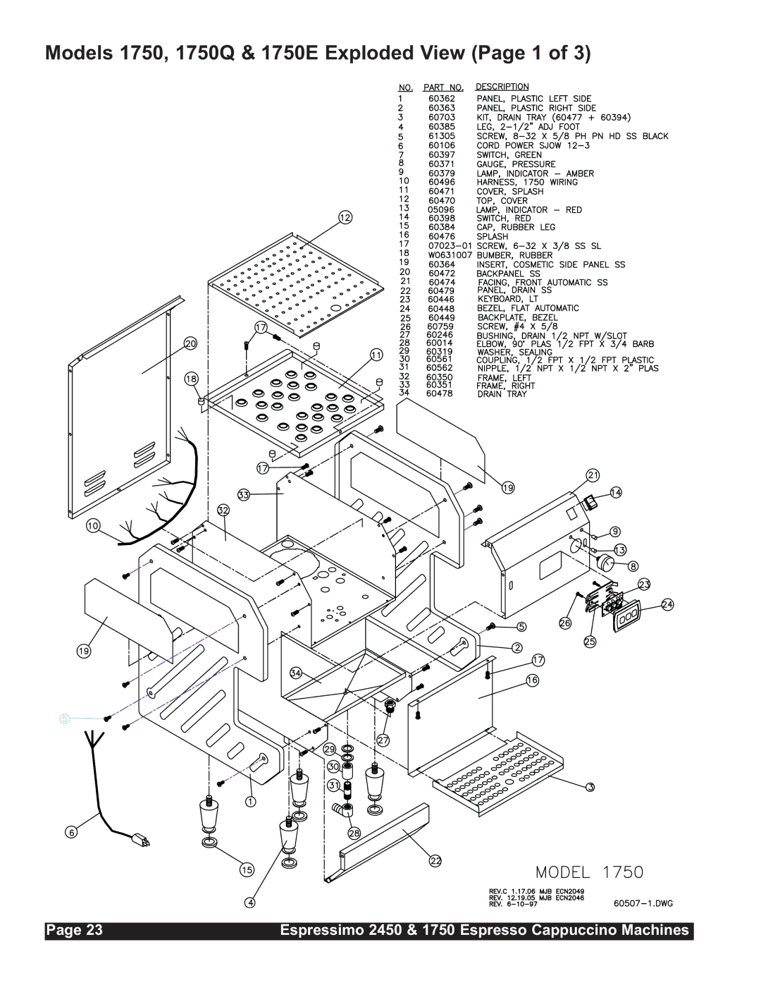 Grindmaster 2450 installation manual Models 1750, 1750Q & 1750E Exploded View Page 1 