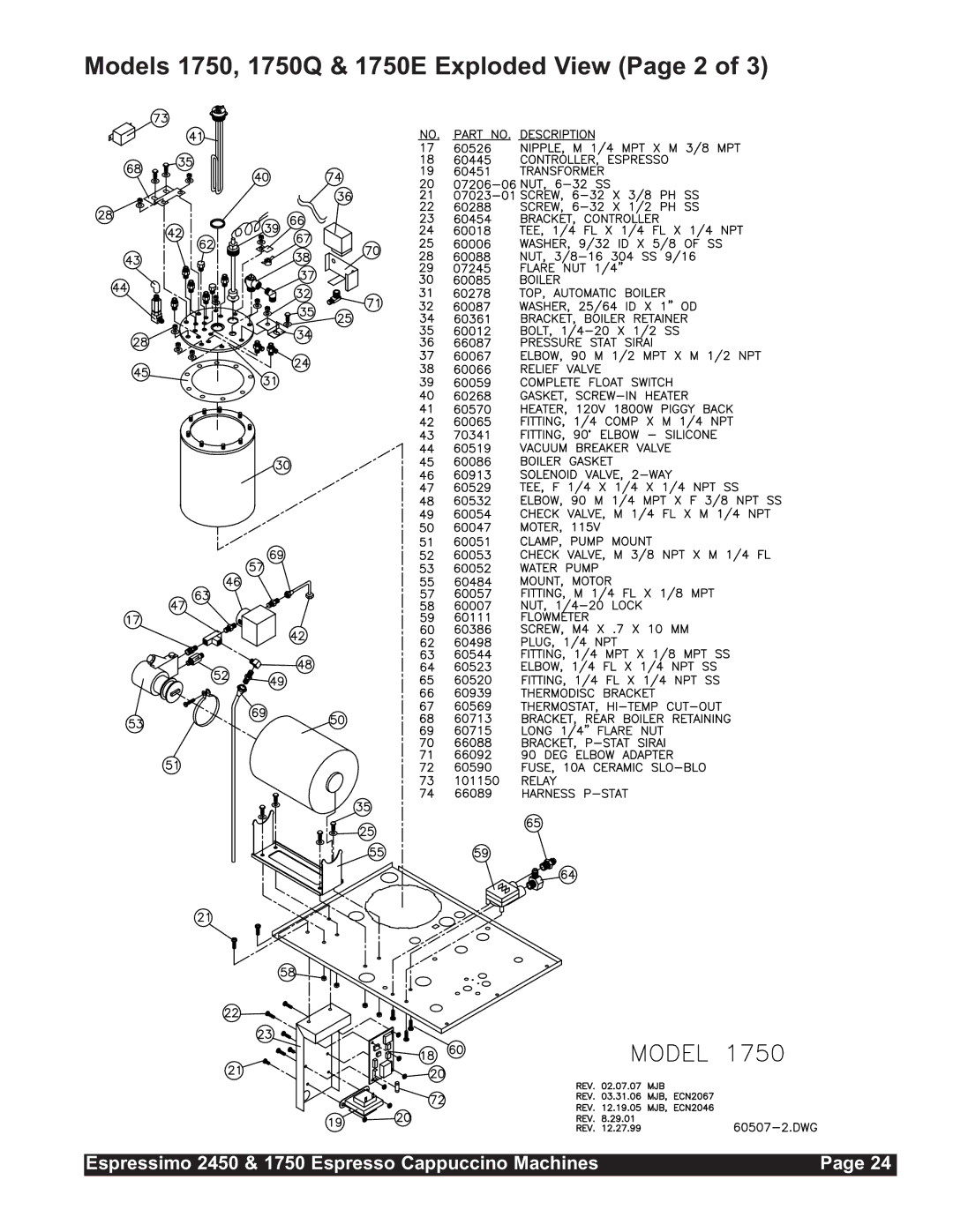 Grindmaster 2450 installation manual Models 1750, 1750Q & 1750E Exploded View Page 2 