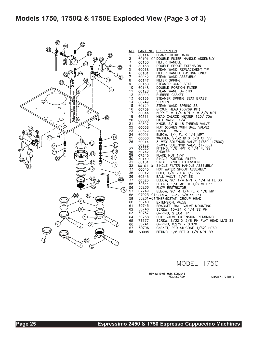 Grindmaster 2450 installation manual Models 1750, 1750Q & 1750E Exploded View Page 3 