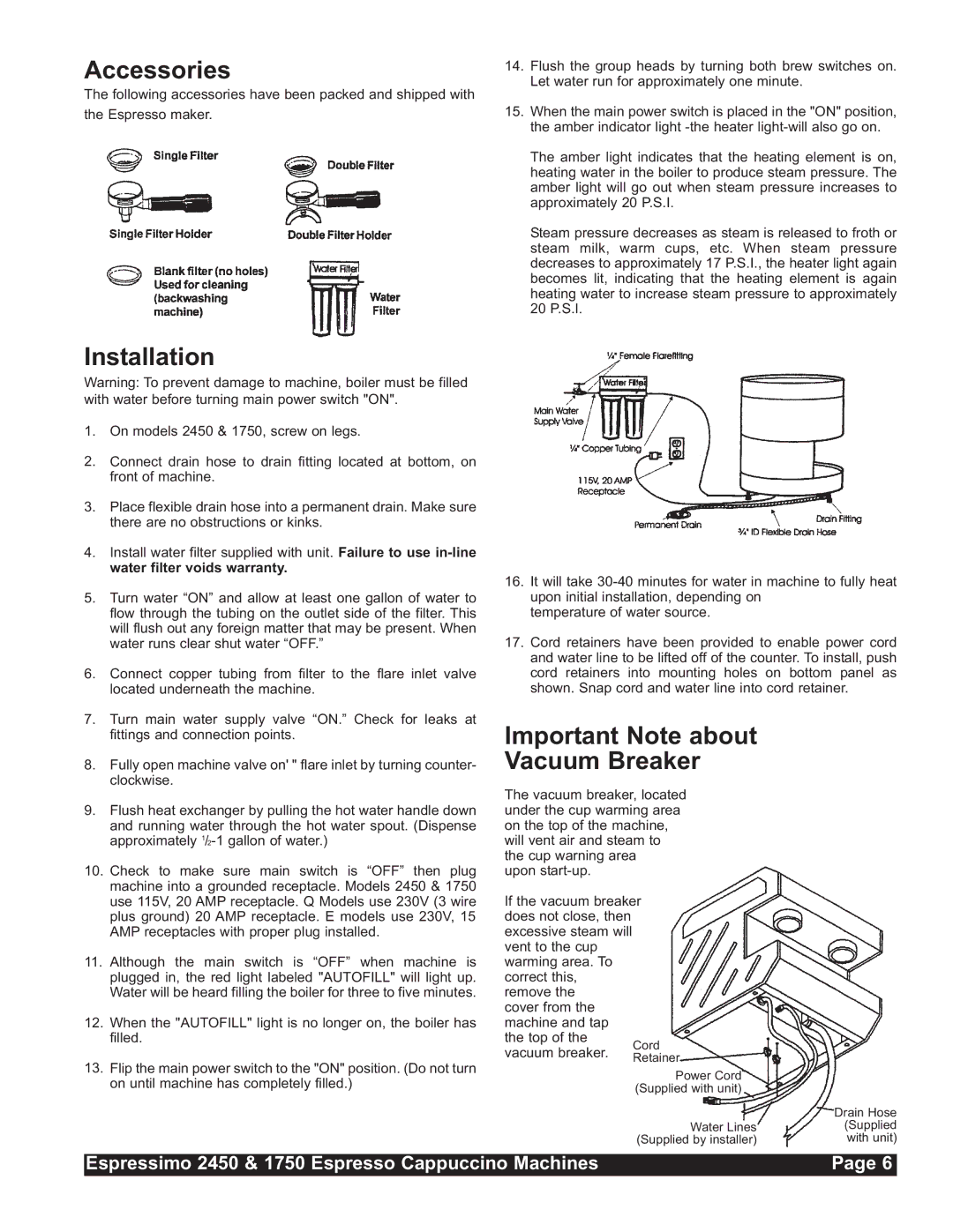 Grindmaster 1750, 2450 installation manual Accessories, Installation, Important Note about Vacuum Breaker 