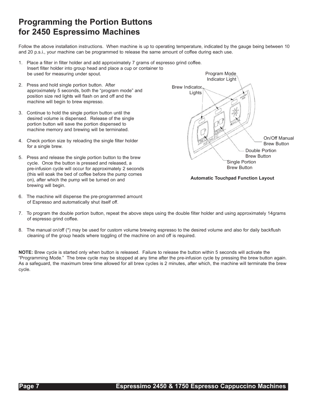 Grindmaster 1750 installation manual Programming the Portion Buttons for 2450 Espressimo Machines 