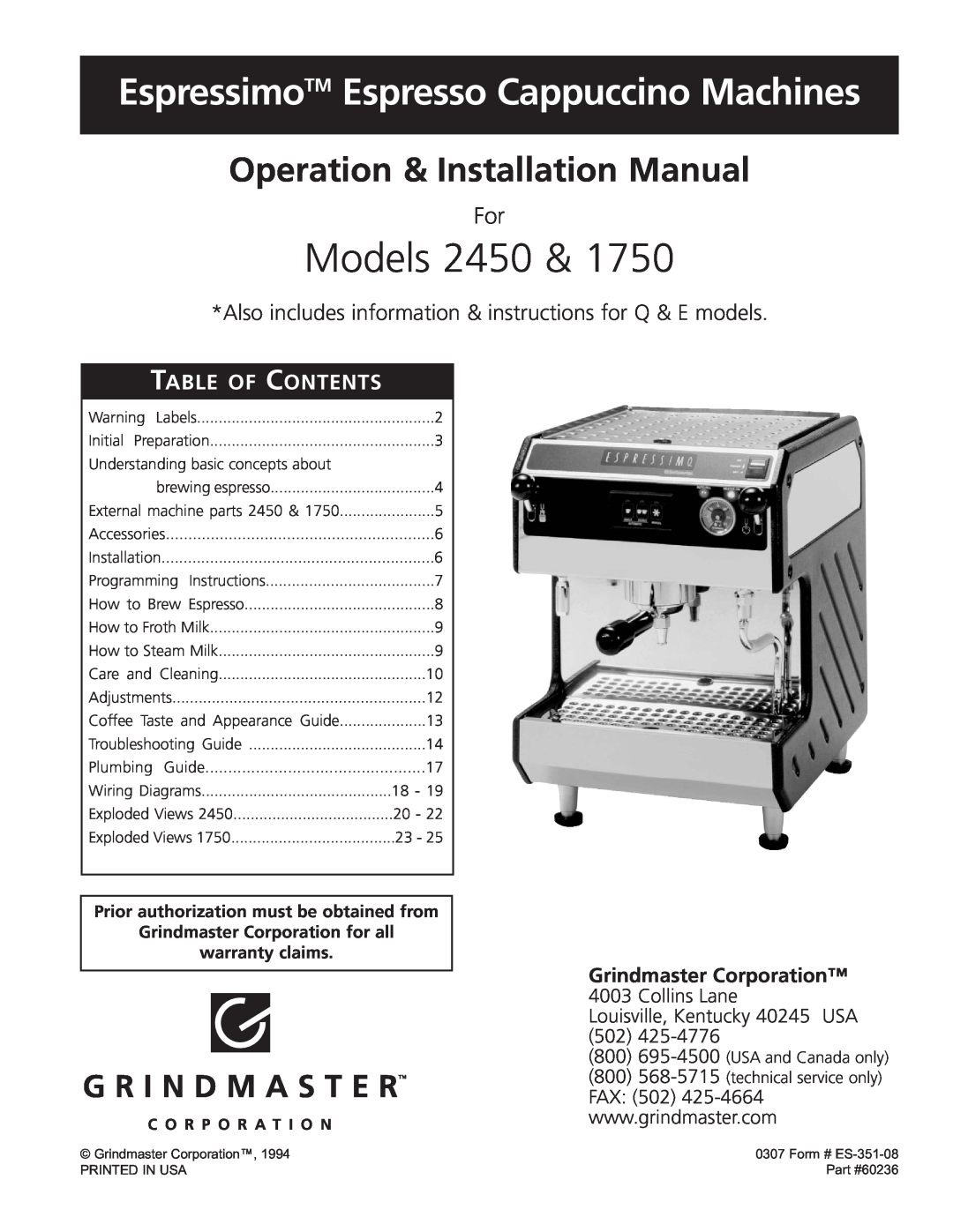 Grindmaster 1750, 2450 installation manual Grindmaster Corporation, Models, EspressimoTM Espresso Cappuccino Machines 