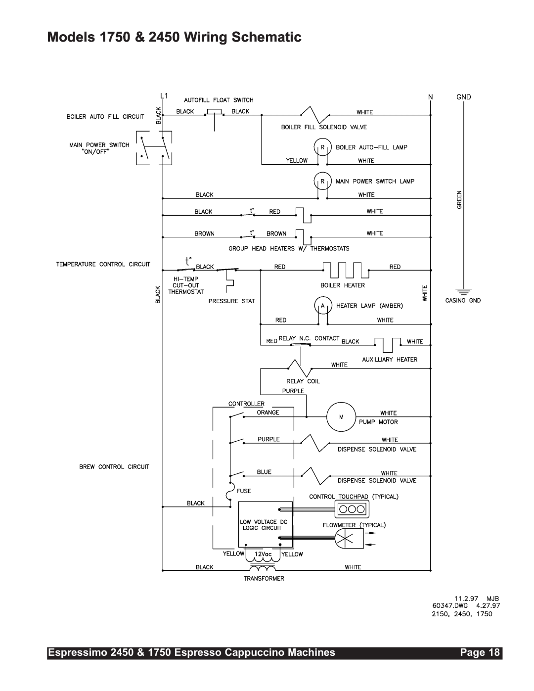 Grindmaster installation manual Models 1750 & 2450 Wiring Schematic, Page 