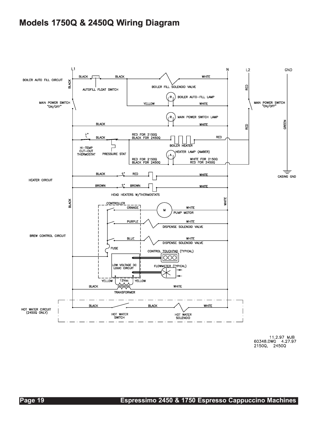 Grindmaster installation manual Models 1750Q & 2450Q Wiring Diagram, Page 