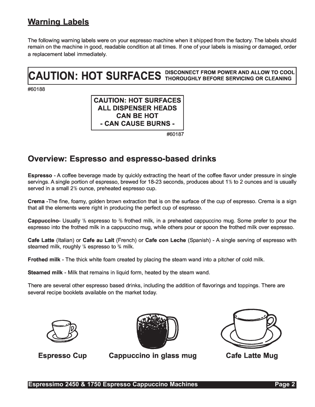 Grindmaster 1750, 2450 Warning Labels, Overview Espresso and espresso-baseddrinks, Can Cause Burns, Page, Espresso Cup 