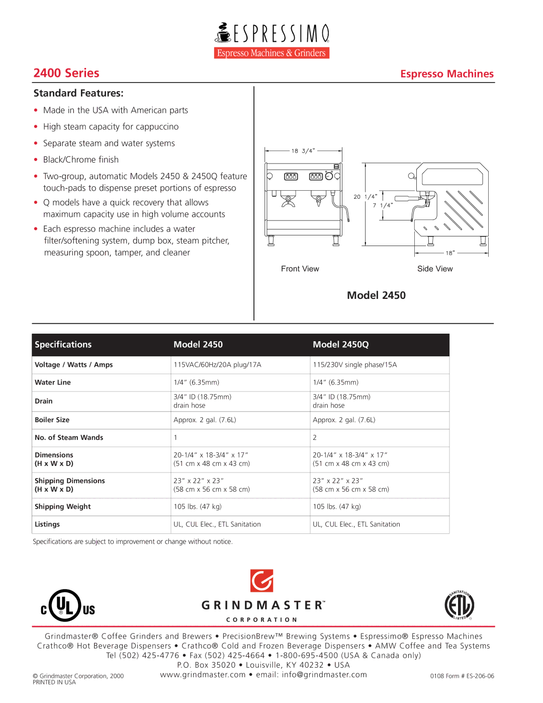 Grindmaster manual Series, Espresso Machines, Standard Features, Specifications Model Model 2450Q 