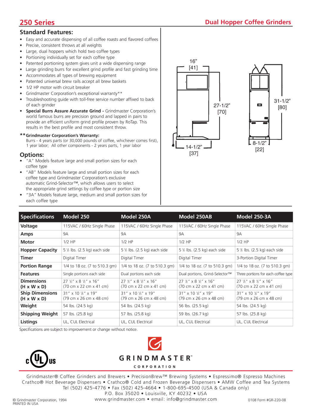 Grindmaster 250-3A manual Standard Features, Options 