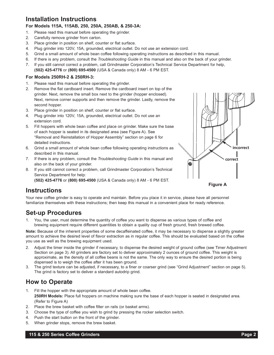 Grindmaster 115AB, 250AB, 250RH-2, 250RH-3 Installation Instructions, Set-up Procedures, How to Operate, Incorrect Correct 