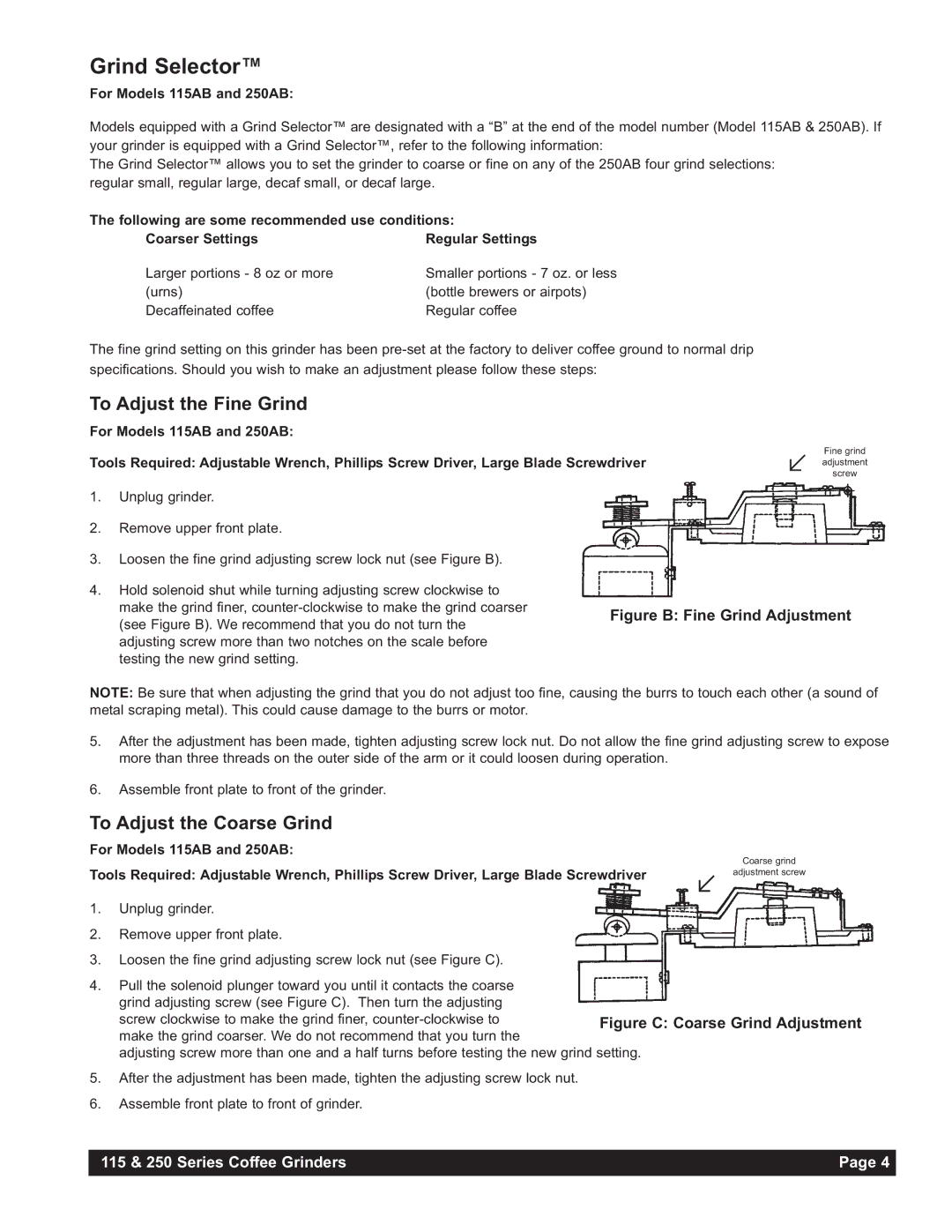 Grindmaster 250RH-2, 250RH-3 instruction manual Grind Selector, For Models 115AB and 250AB 