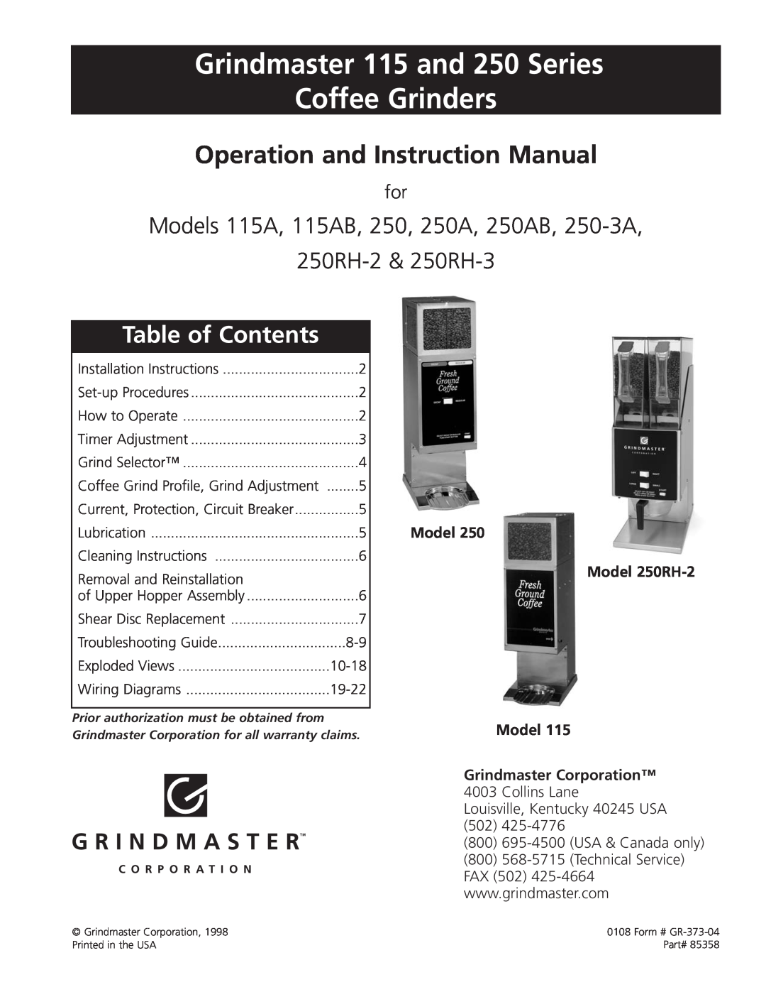 Grindmaster instruction manual Model Model 250RH-2 Model Grindmaster Corporation, Table of Contents, Exploded Views 