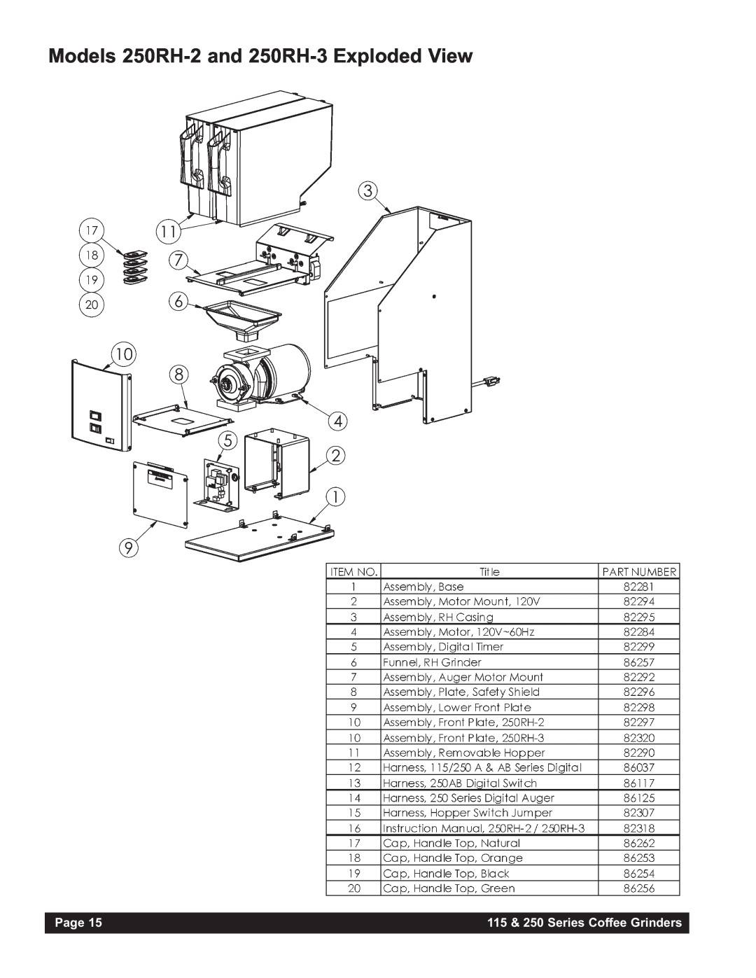 Grindmaster 250AB, 115AB Models 250RH-2 and 250RH-3 Exploded View, Page, 115 & 250 Series Coffee Grinders 