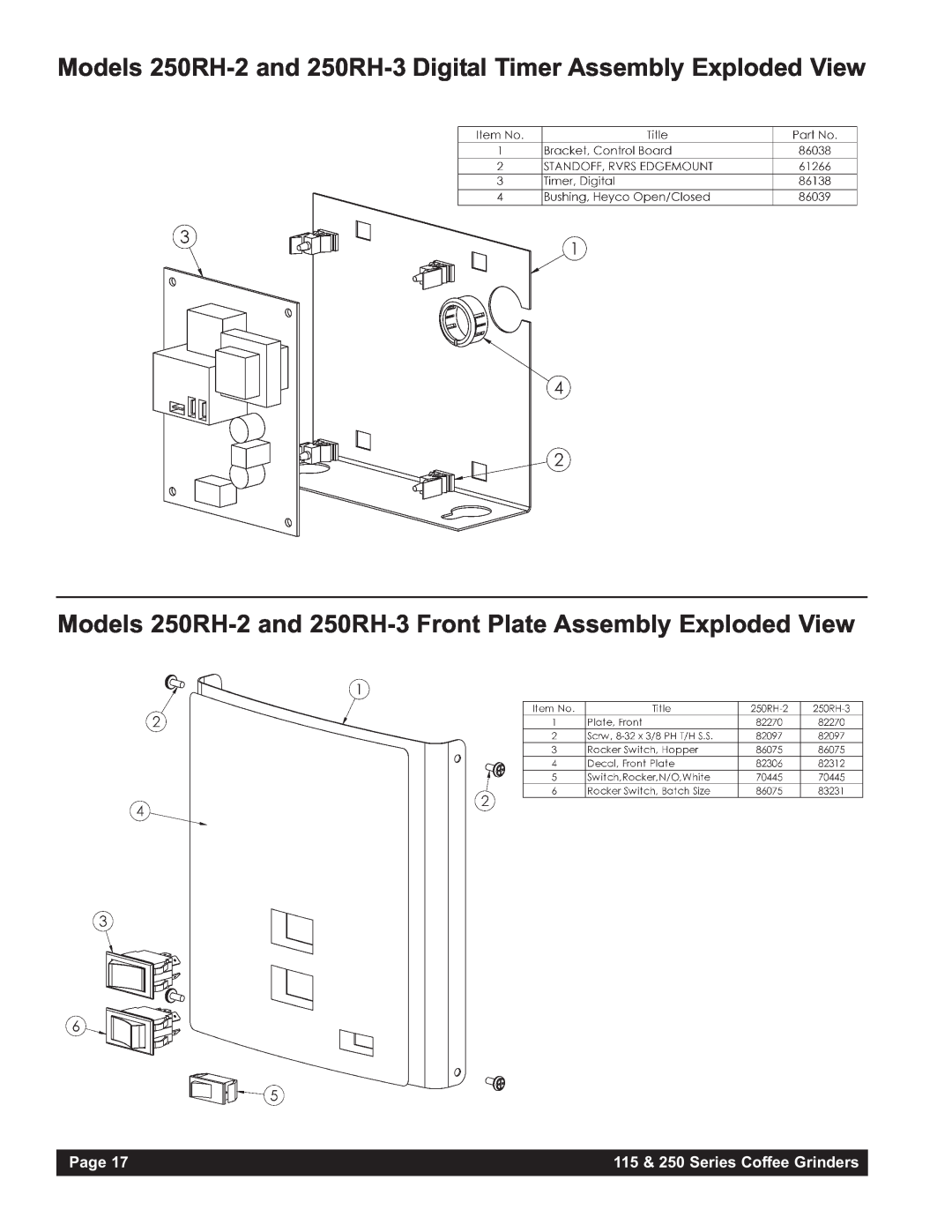 Grindmaster 115AB Models 250RH-2 and 250RH-3 Digital Timer Assembly Exploded View, Page, 115 & 250 Series Coffee Grinders 
