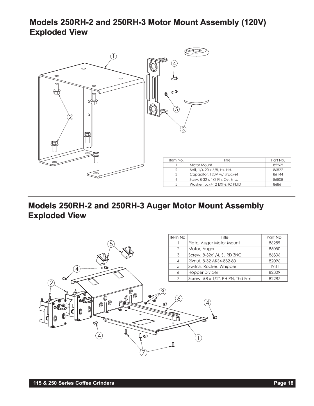 Grindmaster 250A Models 250RH-2 and 250RH-3 Motor Mount Assembly 120V Exploded View, 115 & 250 Series Coffee Grinders 