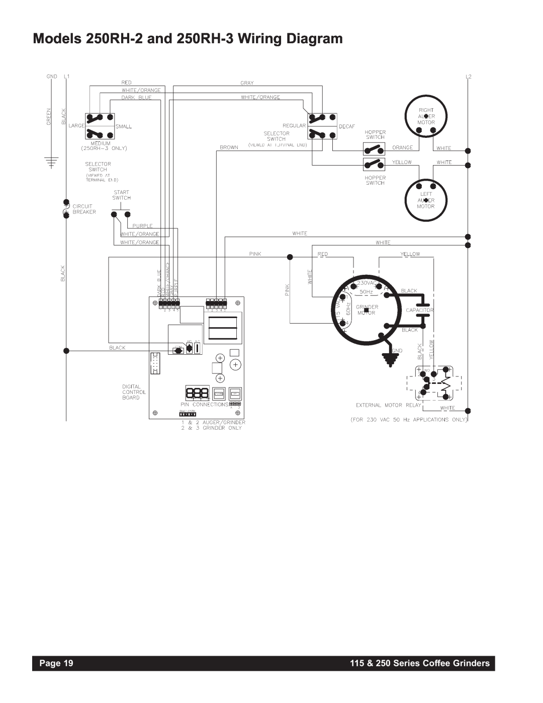 Grindmaster 250AB, 115AB Models 250RH-2 and 250RH-3 Wiring Diagram, Page, 115 & 250 Series Coffee Grinders 