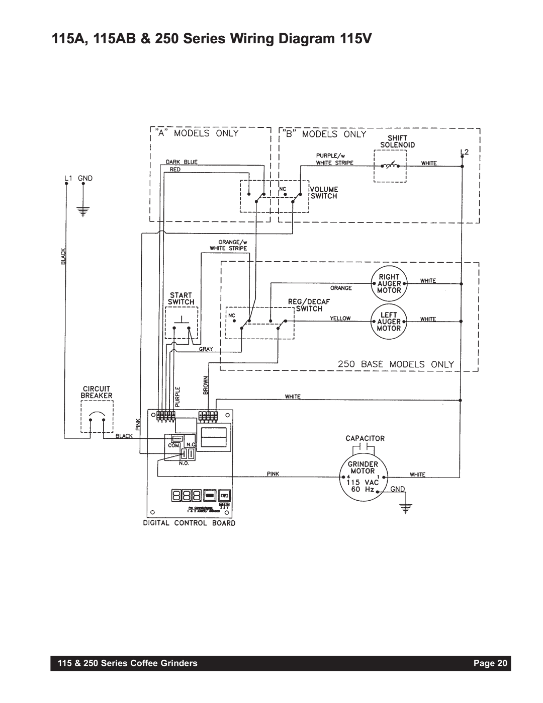 Grindmaster 250RH-2, 250AB, 250RH-3 115A, 115AB & 250 Series Wiring Diagram, 115 & 250 Series Coffee Grinders, Page 
