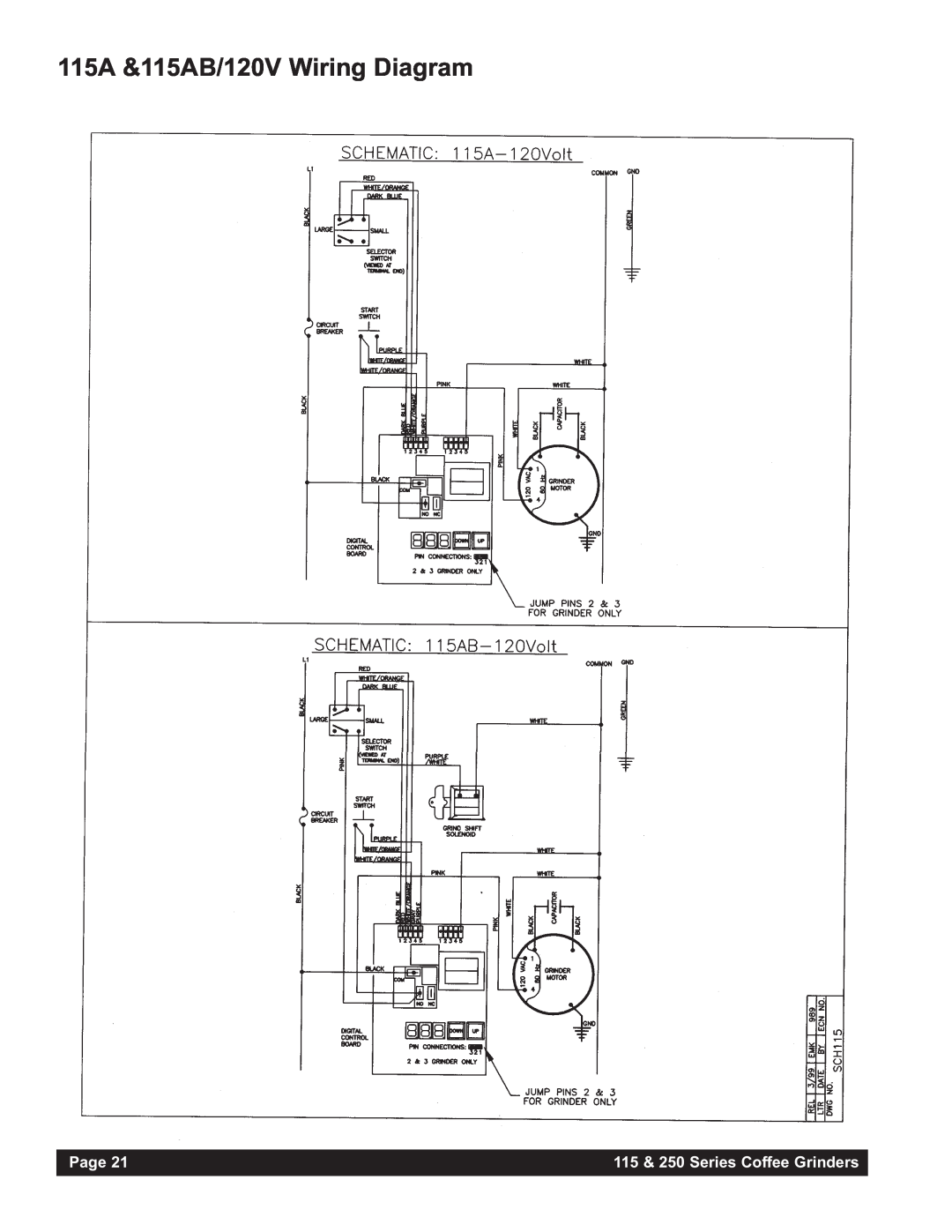 Grindmaster 250RH-3, 250AB, 250RH-2 115A &115AB/120V Wiring Diagram, Page, 115 & 250 Series Coffee Grinders 