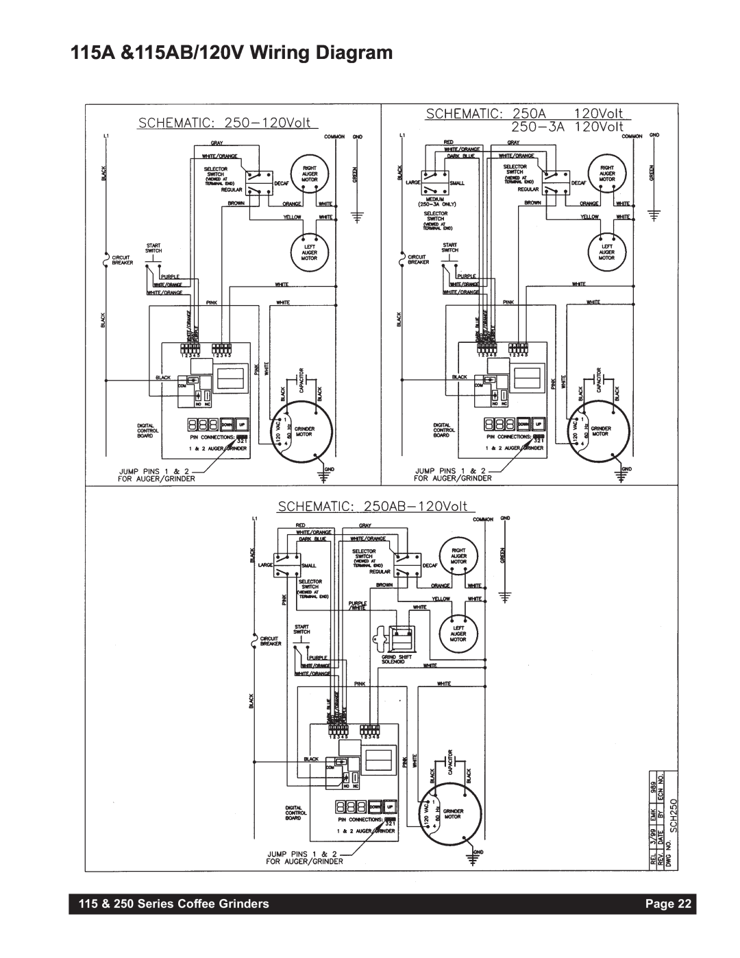 Grindmaster 250AB, 250RH-2, 250RH-3 115A &115AB/120V Wiring Diagram, 115 & 250 Series Coffee Grinders, Page 