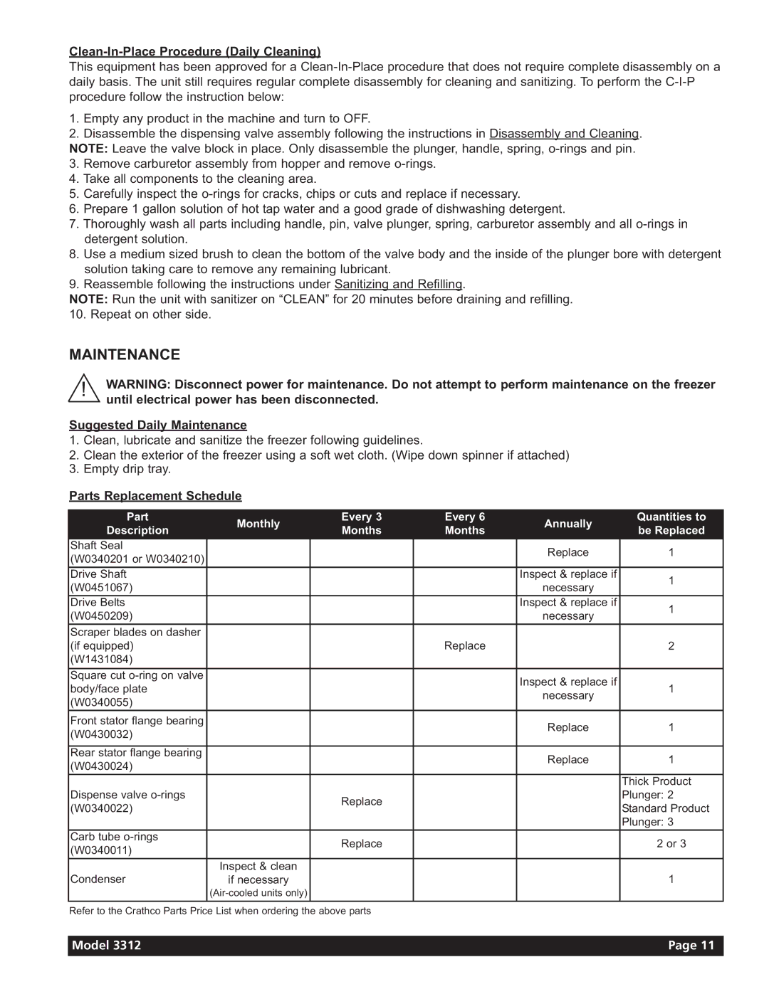 Grindmaster 3311 Clean-In-Place Procedure Daily Cleaning, Suggested Daily Maintenance, Parts Replacement Schedule 