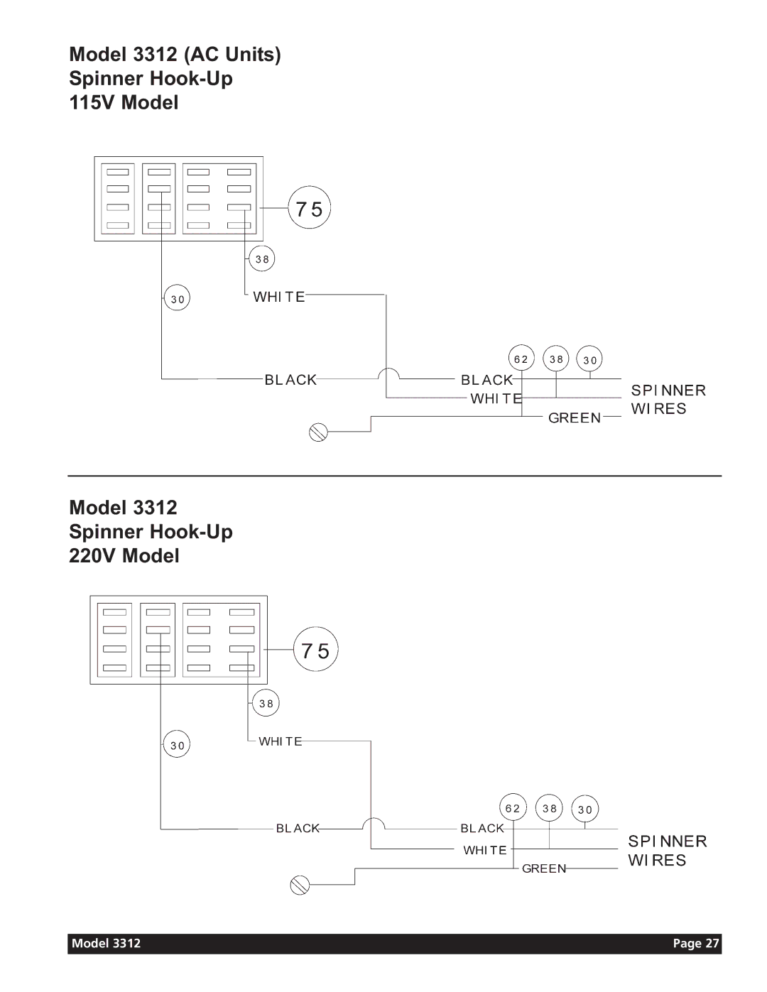 Grindmaster 3311 manual Model 3312 AC Units Spinner Hook-Up 115V Model 220V Model 