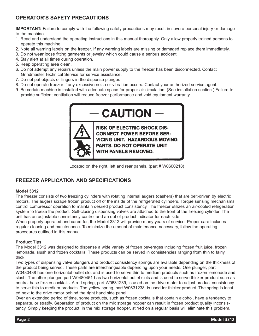 Grindmaster 3311 manual OPERATOR’S Safety Precautions, Freezer Application and Specifications, Model, Product Tips 