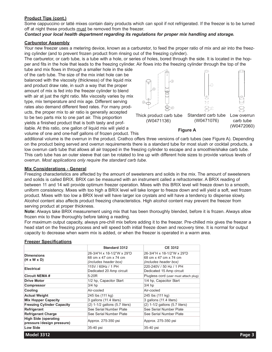 Grindmaster 3311 manual Carburetor Assembly, Mix Considerations General, Freezer Specifications 