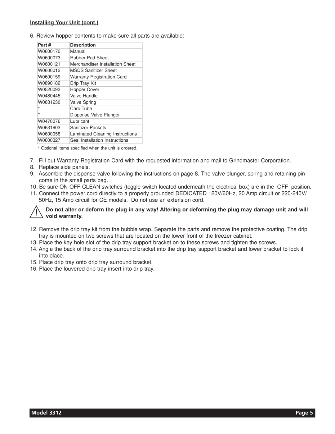 Grindmaster 3311 manual Review hopper contents to make sure all parts are available 