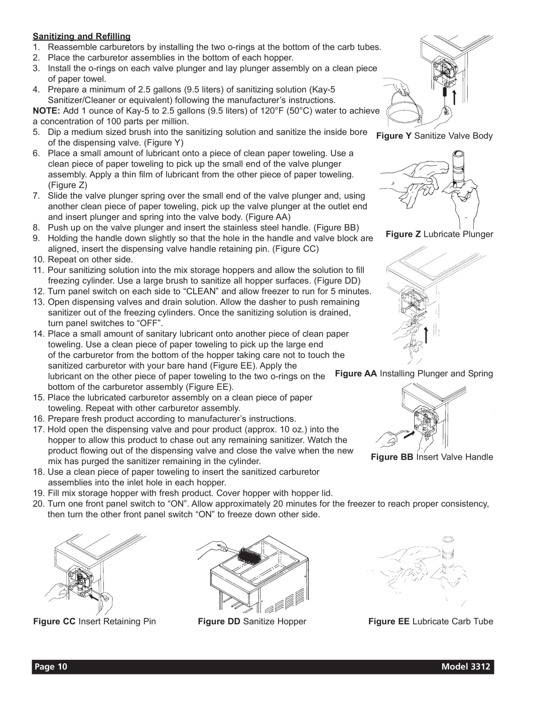 Grindmaster 3311 manual Sanitizing and Refilling, Figure CC Insert Retaining Pin, Figure DD Sanitize Hopper, Page, Model 