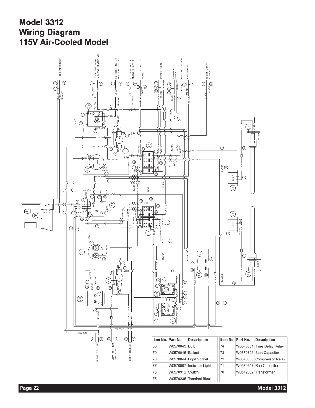 Grindmaster 3311 manual Model Wiring Diagram 115V Air-CooledModel, Page, Item No, Description 