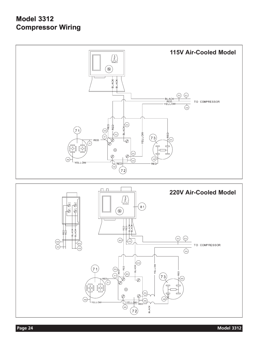 Grindmaster 3311 manual Model Compressor Wiring, 115V Air-CooledModel 220V Air-CooledModel, Page 