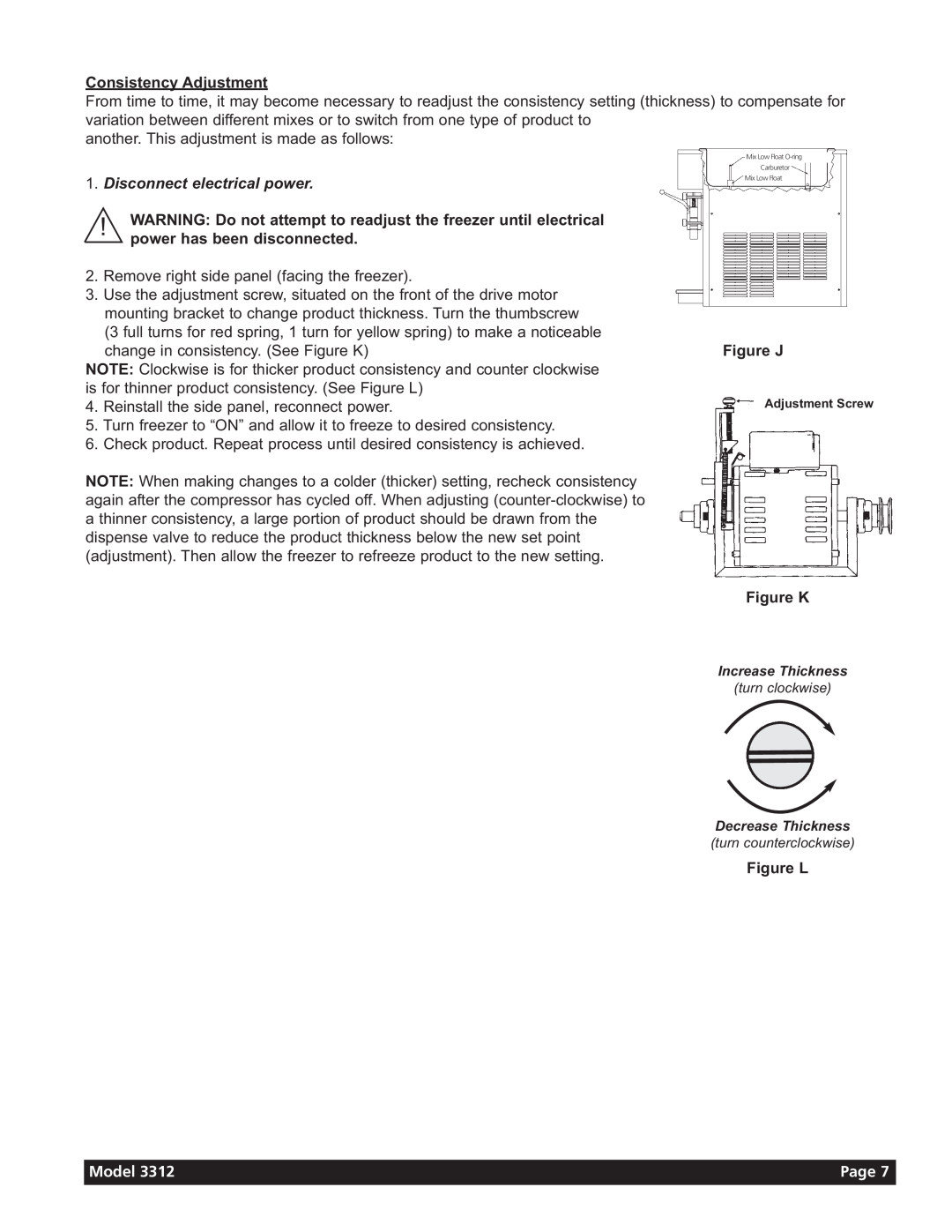 Grindmaster 3311 manual Consistency Adjustment, Disconnect electrical power, Figure J, Figure K, Figure L, Model, Page 