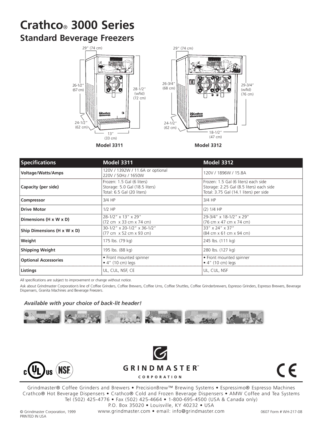 Grindmaster 3312 manual Standard Beverage Freezers, Specifications Model, Available with your choice of back-lit header 