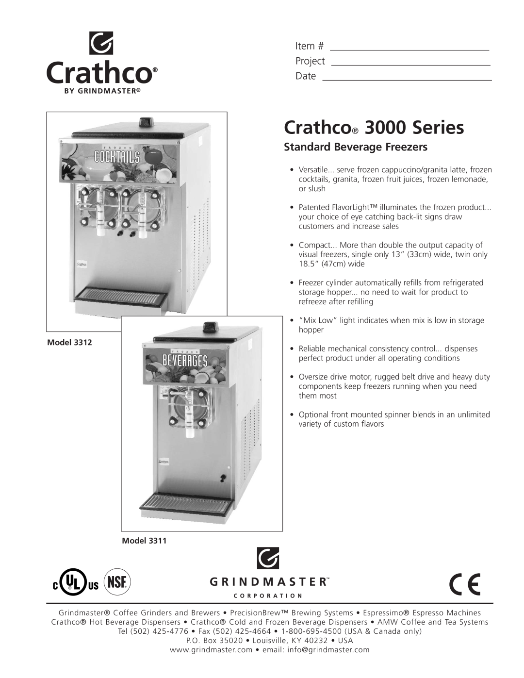 Grindmaster 3312 manual Crathco 3000 Series, Standard Beverage Freezers, Item #, Project, Date, Model Model 