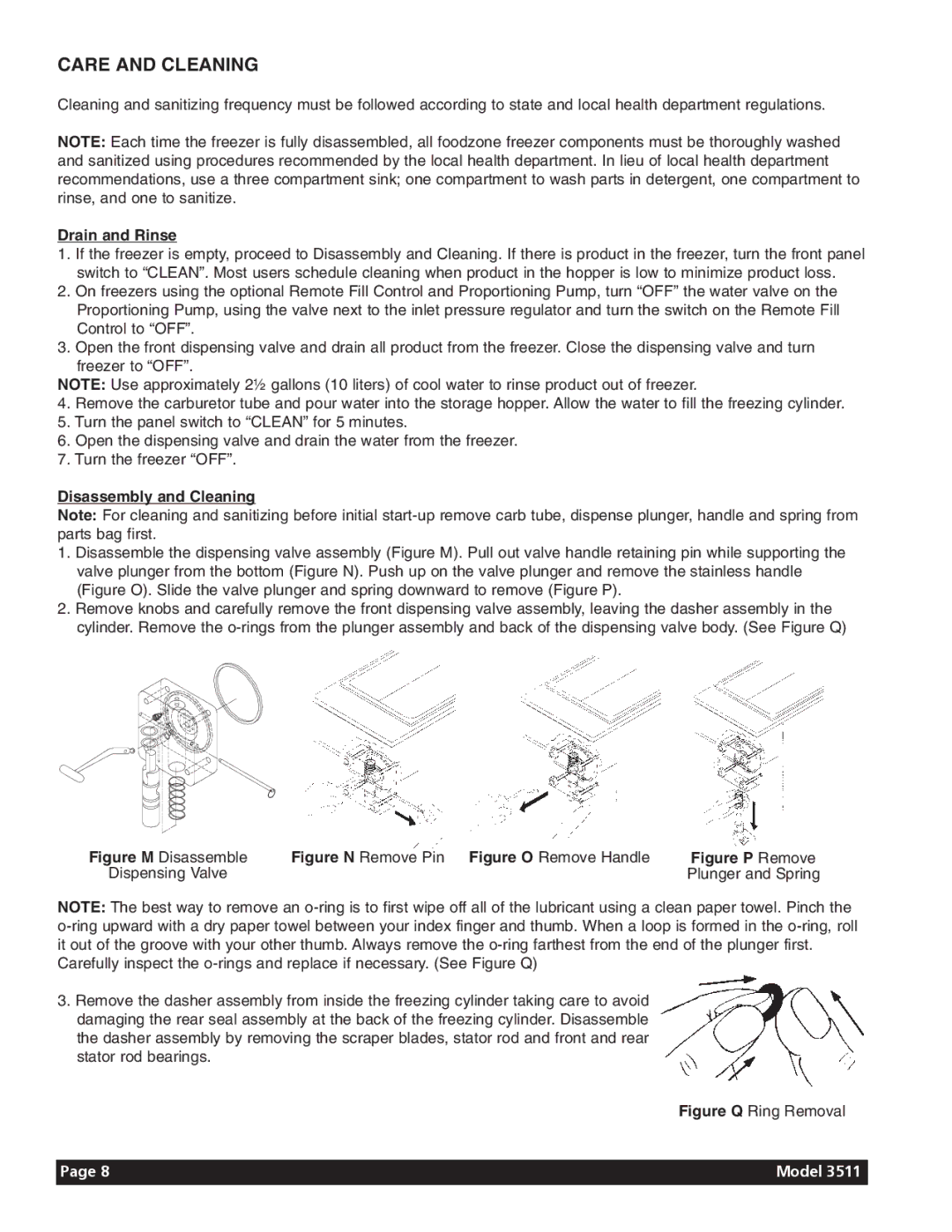 Grindmaster 3511 manual Care and Cleaning, Drain and Rinse, Disassembly and Cleaning 