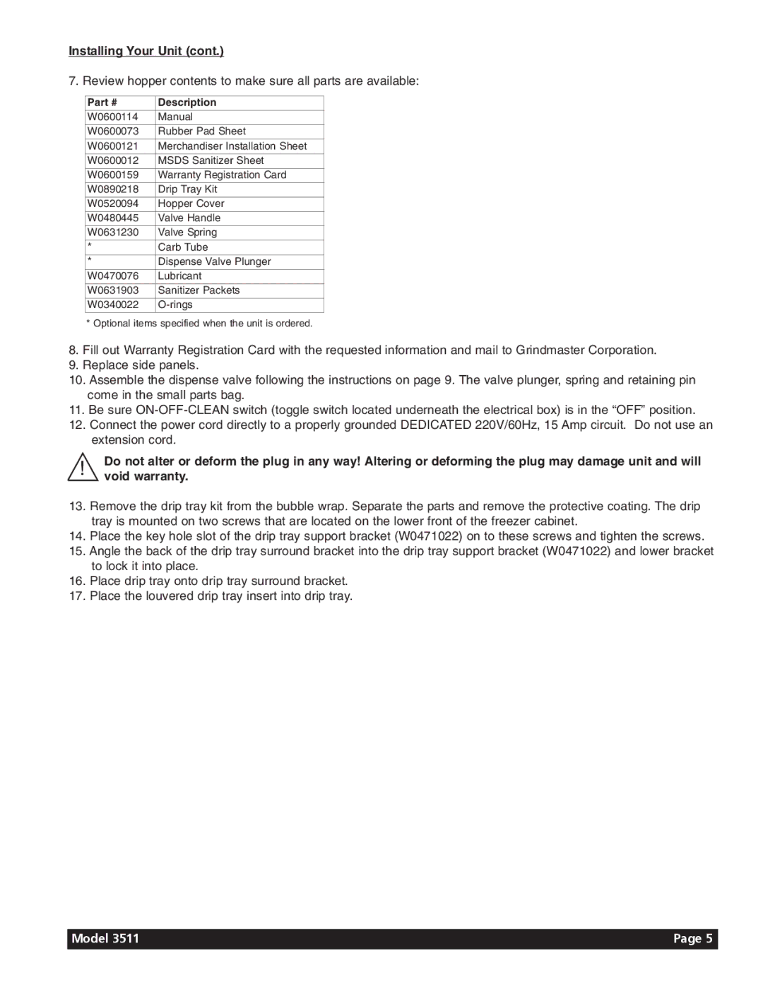 Grindmaster 3511 manual Review hopper contents to make sure all parts are available 