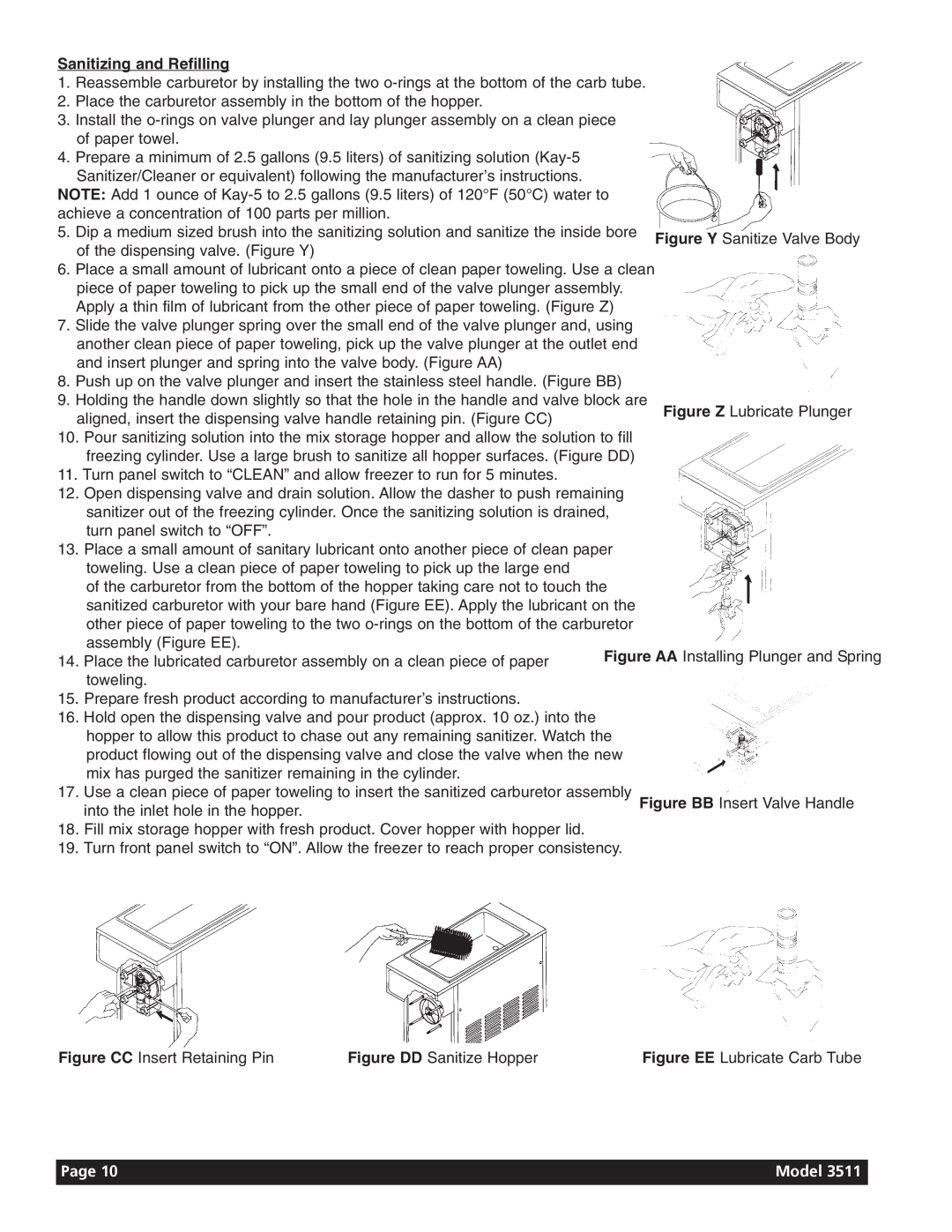 Grindmaster 3511 manual Sanitizing and Refilling, Figure CC Insert Retaining Pin, Figure DD Sanitize Hopper, Page 