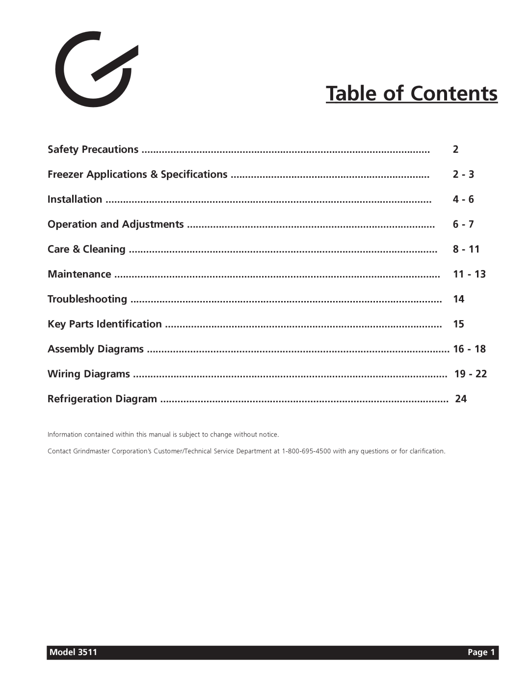 Grindmaster 3511 manual Table of Contents 