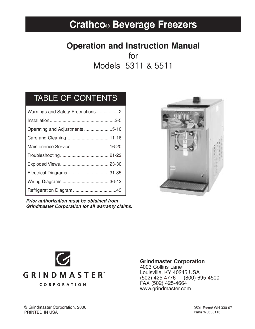 Grindmaster 5311, 5511 instruction manual Crathco Beverage Freezers 