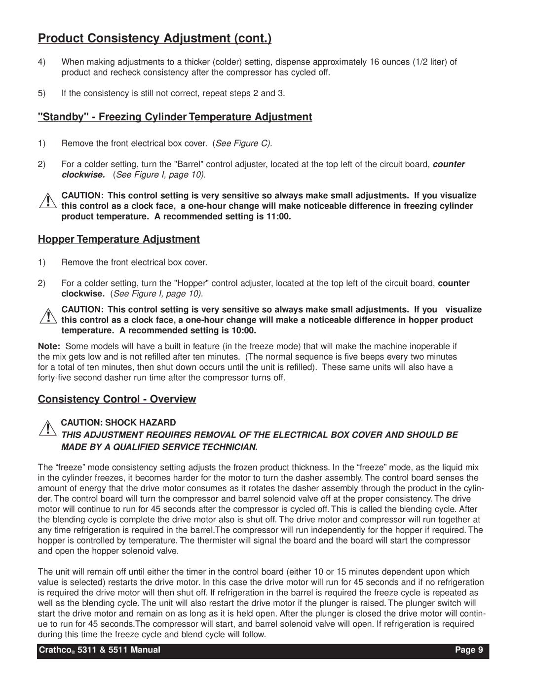 Grindmaster 5511, 5311 instruction manual Standby Freezing Cylinder Temperature Adjustment, Hopper Temperature Adjustment 