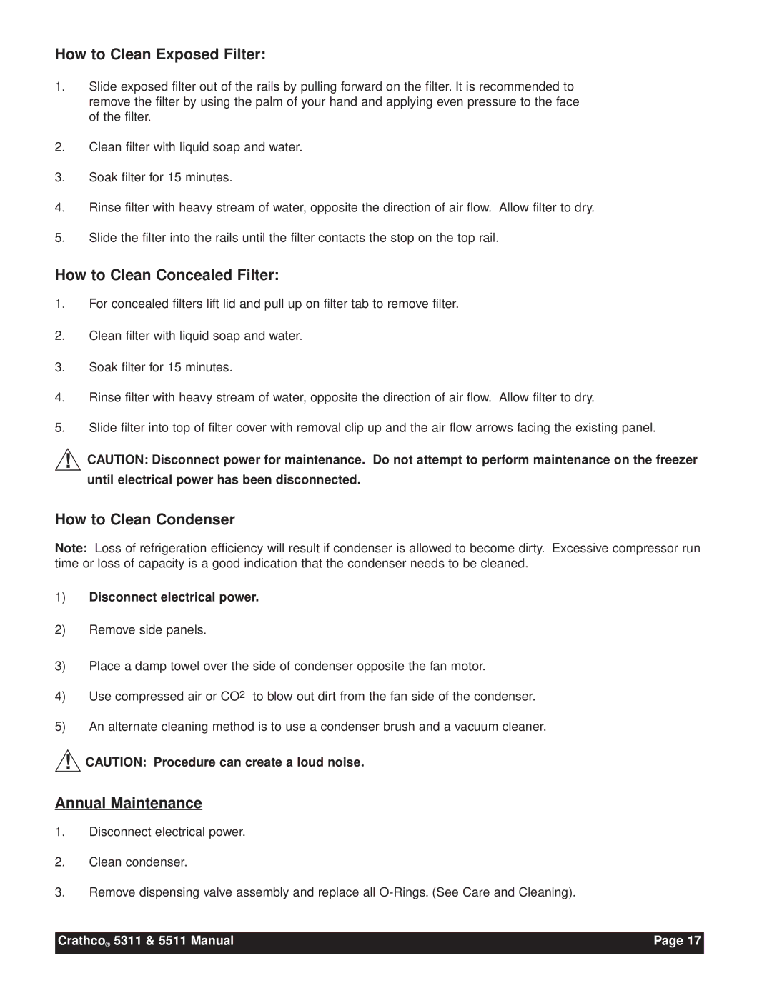 Grindmaster 5511 How to Clean Exposed Filter, How to Clean Concealed Filter, How to Clean Condenser, Annual Maintenance 