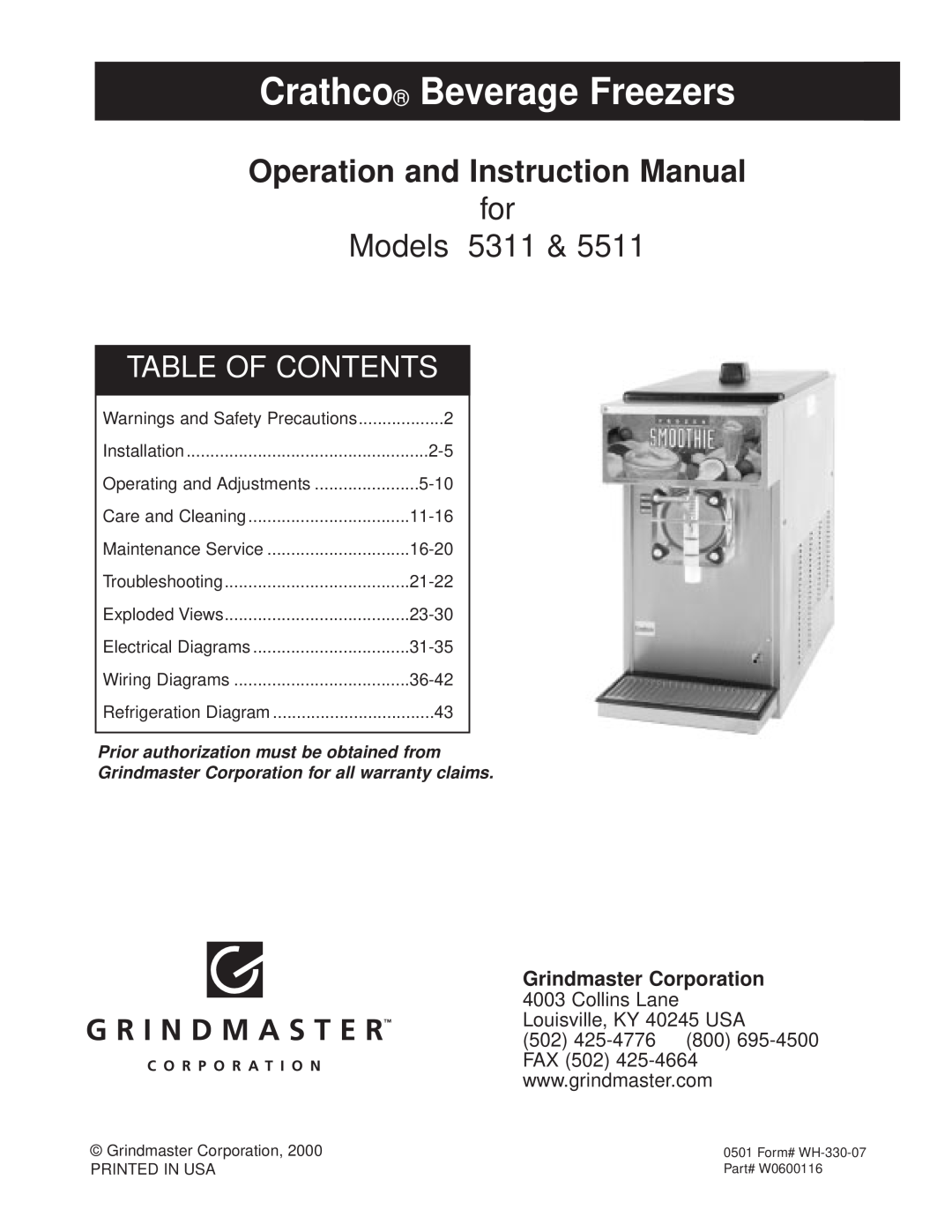 Grindmaster instruction manual Prior authorization must be obtained from, Crathco Beverage Freezers, for Models 5311 