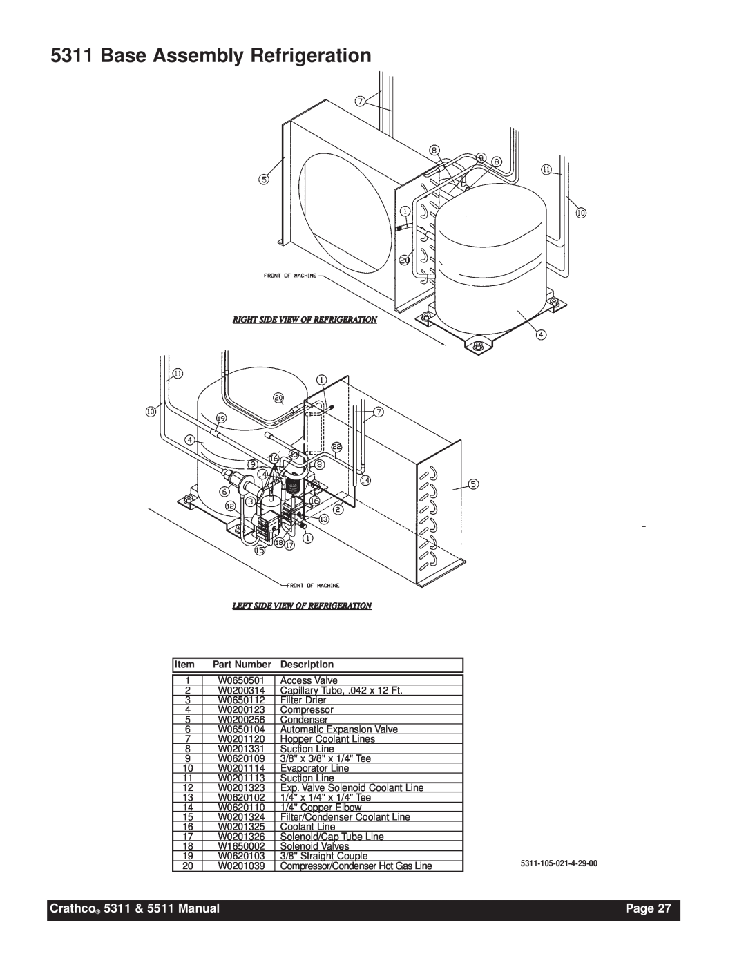 Grindmaster Base Assembly Refrigeration, Crathco 5311 & 5511 Manual, Page, Item, Part Number, Description 