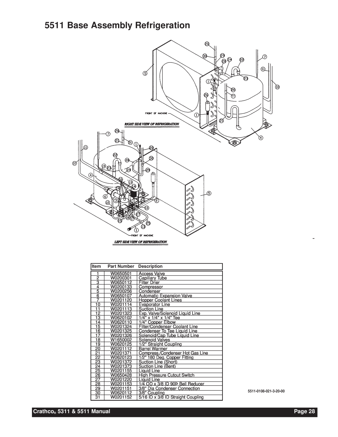 Grindmaster Base Assembly Refrigeration, Crathco 5311 & 5511 Manual, Page, Item, Part Number, Description 