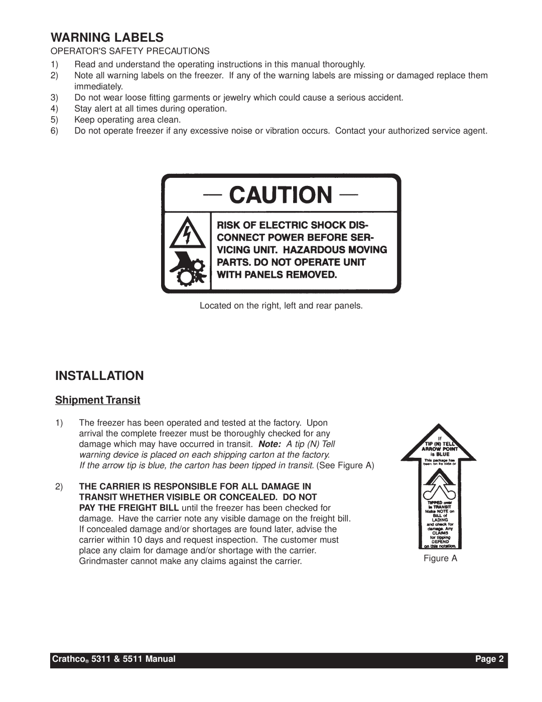 Grindmaster instruction manual Warning Labels, Installation, Shipment Transit, Crathco 5311 & 5511 Manual, Page 
