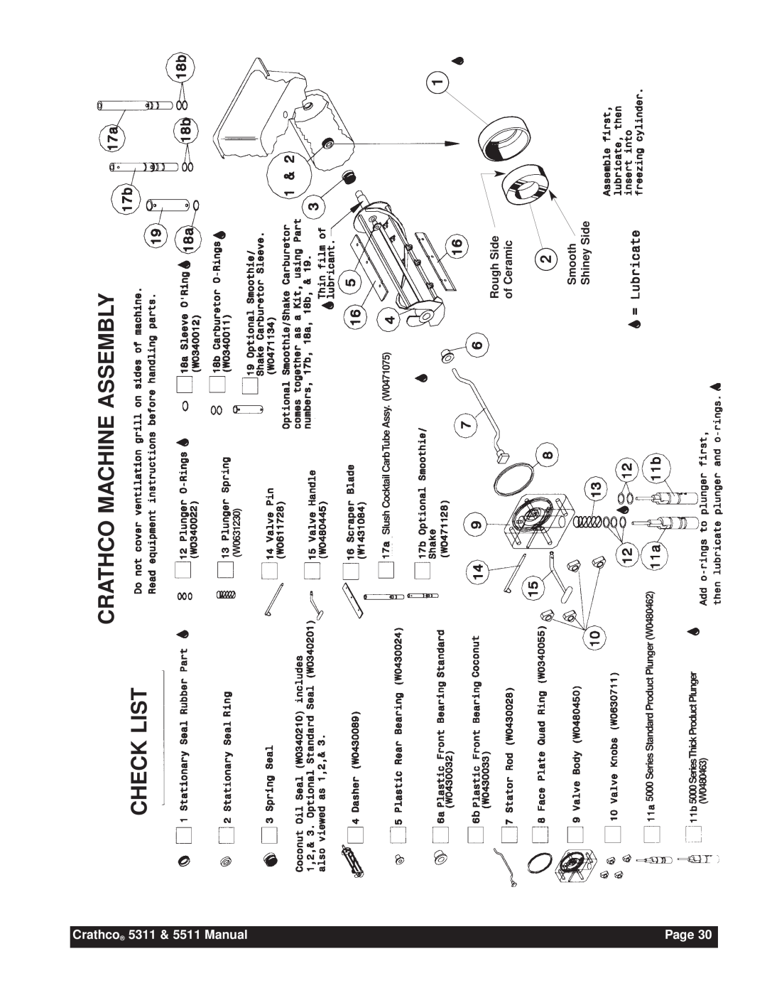 Grindmaster Crathco 5311 & 5511 Manual Page, Crathco Machine Assembly Check List, SeriesThick Product Plunger W0480463 