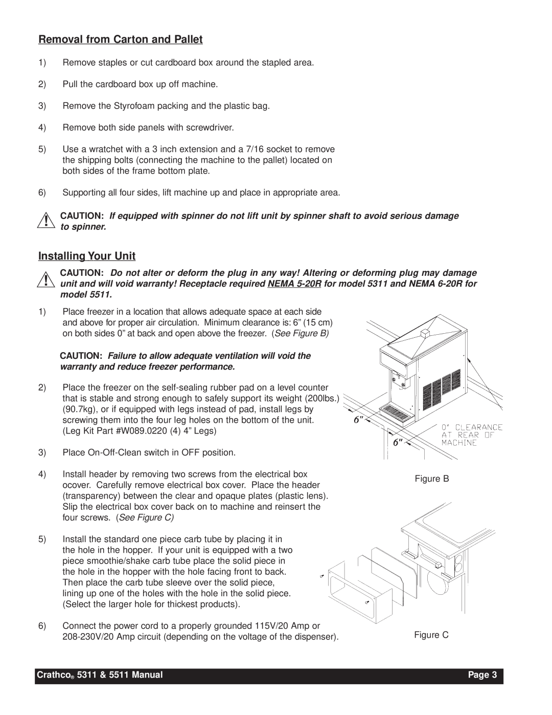 Grindmaster instruction manual Removal from Carton and Pallet, Installing Your Unit, Crathco 5311 & 5511 Manual, Page 