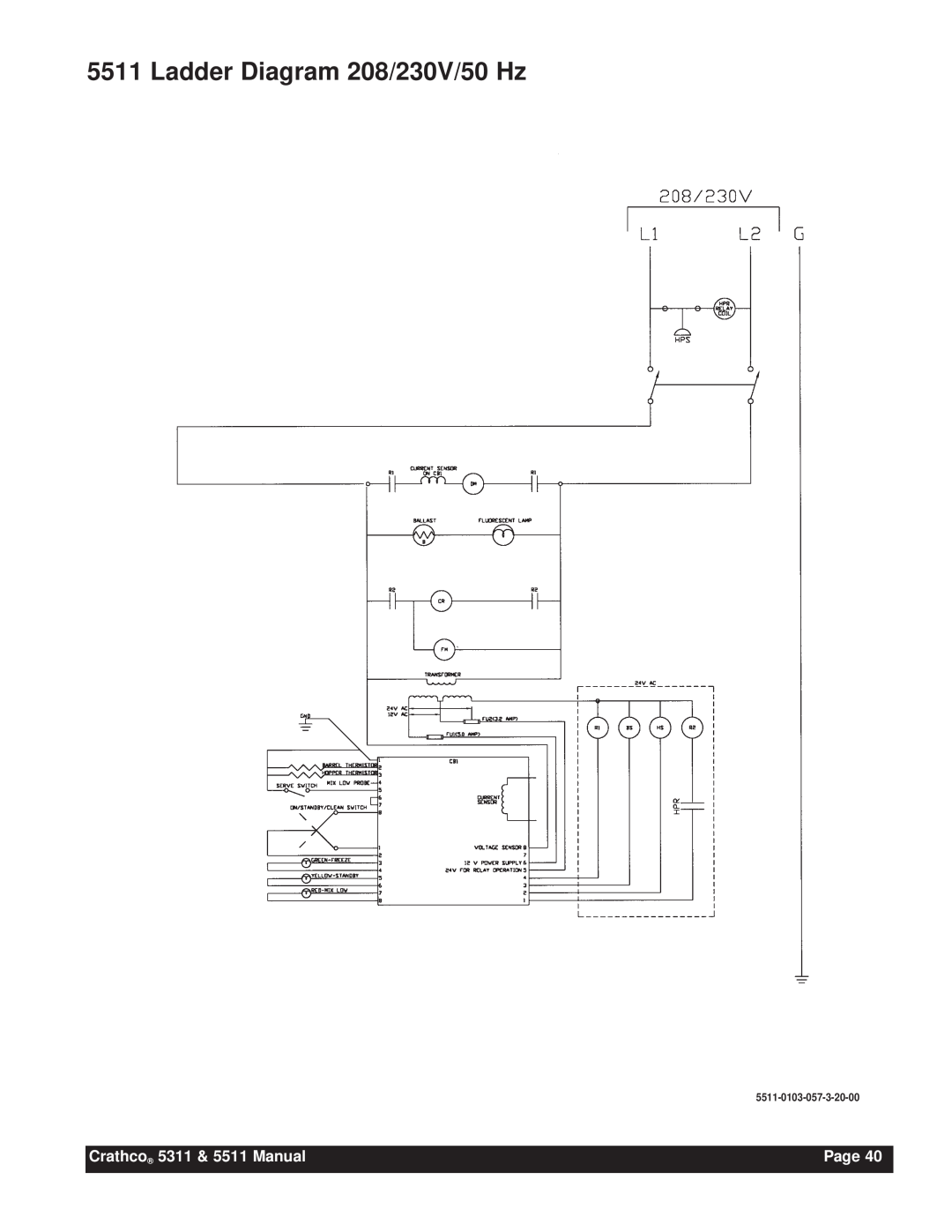 Grindmaster instruction manual Ladder Diagram 208/230V/50 Hz, Crathco 5311 & 5511 Manual, Page, 5511-0103-057-3-20-00 