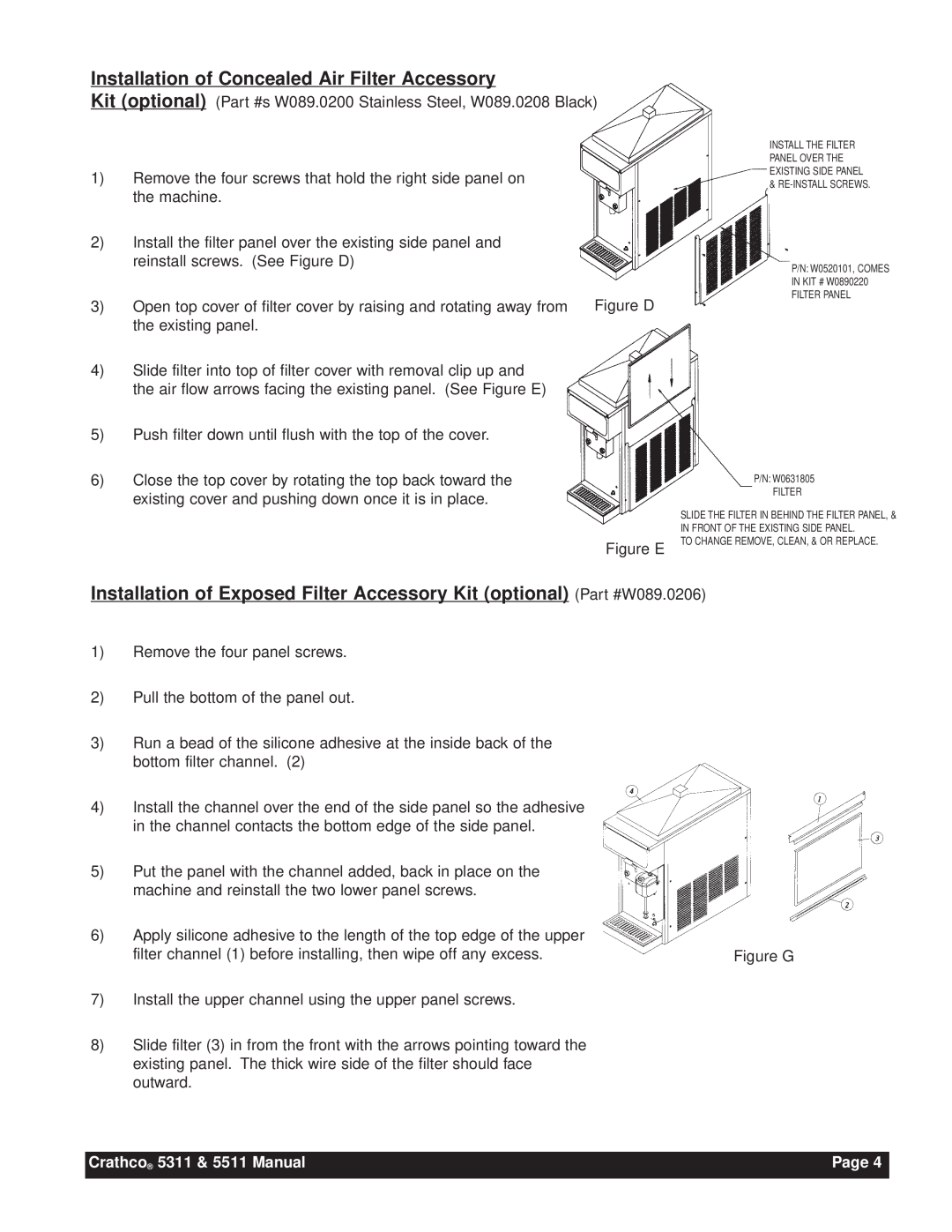 Grindmaster instruction manual Installation of Concealed Air Filter Accessory, Crathco 5311 & 5511 Manual, Page 