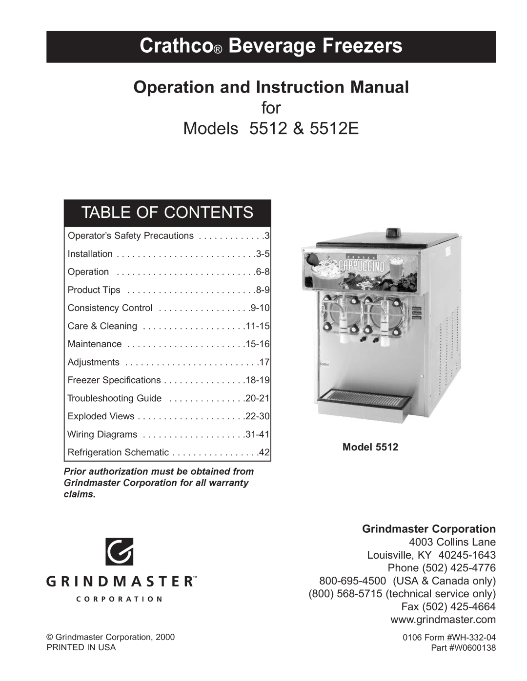 Grindmaster 5512E instruction manual Crathco Beverage Freezers 